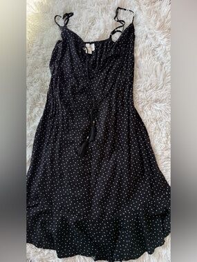 Black Polka Dot Midi Slip Dress with Tassel Tie